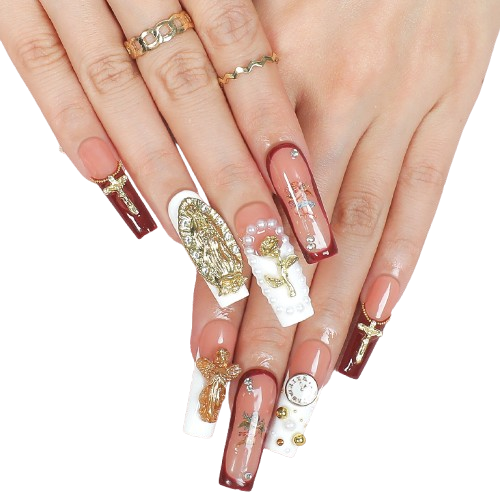 Burgundy Cathedral Press On Nails Luxury Cross Pearl Charm Coffin Nails
