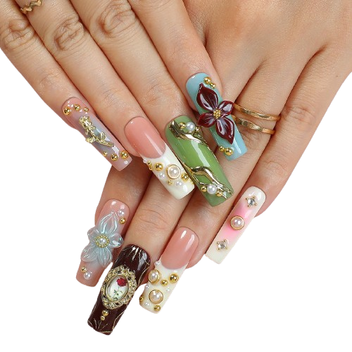 Vintage Floral Pearl Press-On Nails | Luxury 3D Flower Long Square Nail Set