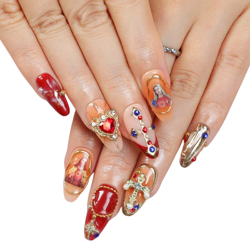 Heart Vintage Press On Nails Renaissance Art Red Gold Luxury Almond Nails