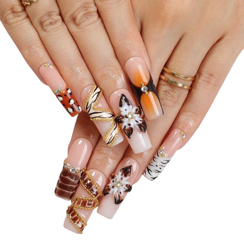 Amber Tige Stripe  Press-On Nails | 3D Floral Gold Chain Square Nail Set
