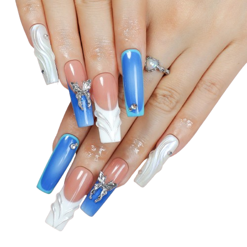 Blue Butterfly Press-On Nails – Luxury 3D French Tip Coffin Nail Set