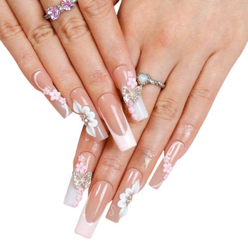 Pink Blossom French Tip Press-On Nails Handmade Long Coffin Nails