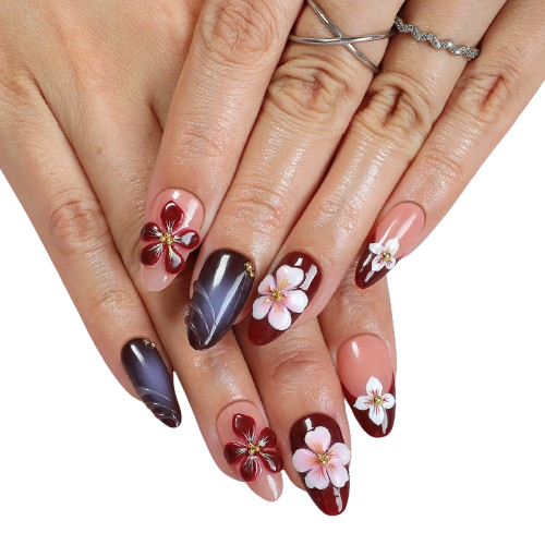 Burgundy Cherry Blossom Press-On Nails | Elegant Floral French Tip Almond Nail Set