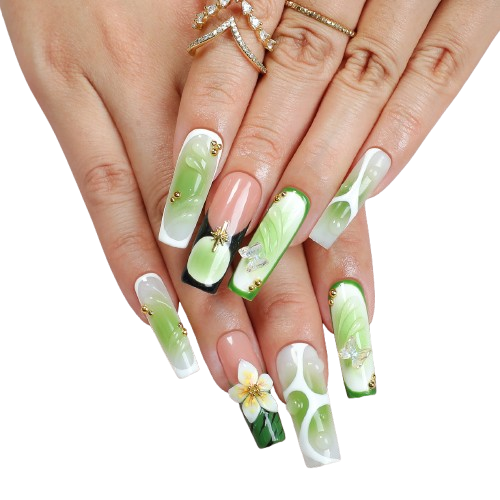 Sage Green Lily Press-On Nails | Elegant Floral French Tip Long Square Nail Set