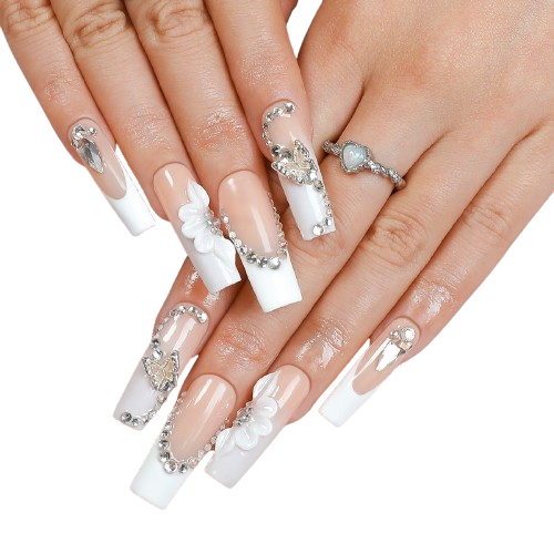 Luxury White flower Press-On Nails – 3D Rhinestone French Tip Nail Set