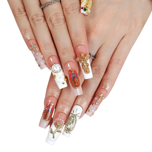 Mary Cross Luxury Press-On Nails | Religious Gold Charm Long Square Nail Set
