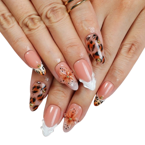 Leopard Floral Press-On Nails – 3D Flower Nude Almond Fake Nails