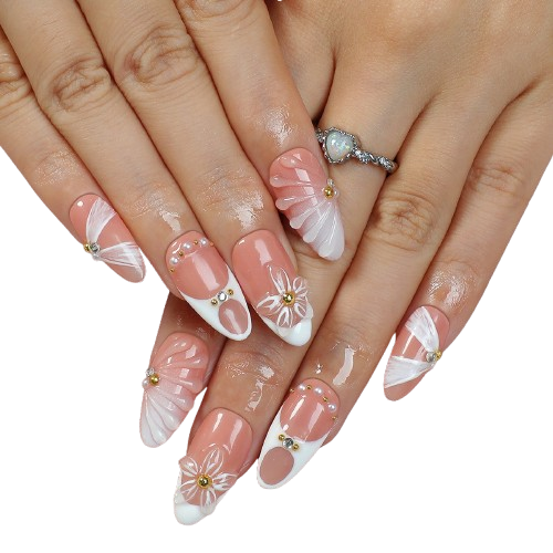 White Flowe Press On Nails – Elegant 3D Floral French Tip Nail Set